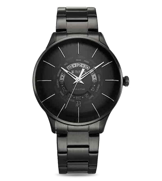A black TITAN World Time analog watch with a stainless steel bracelet and a black round dial.