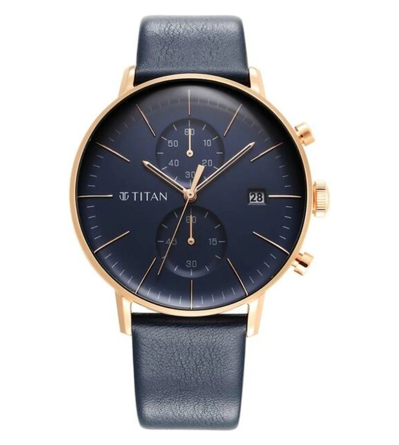 A TITAN Infinity Display Chronograph Watch for Men with a blue round dial, protected by a mineral glass, and a blue leather strap with a buckle clasp.