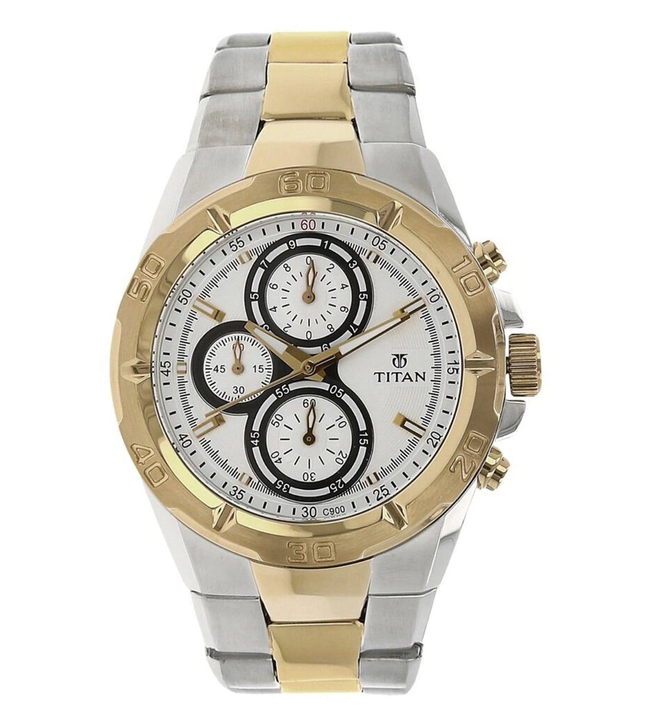 TITAN Regallia analog watch for men with a white round dial, gold and silver two-tone stainless steel strap, and crown for time adjustment.