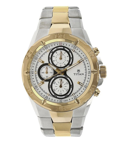 TITAN Regallia analog watch for men with a white round dial, gold and silver two-tone stainless steel strap, and crown for time adjustment.
