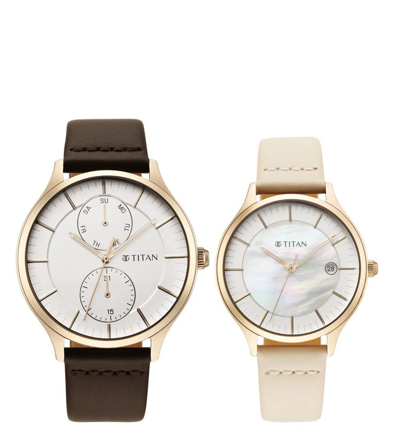 A couple of TITAN analog watches, one with a beige band and dial, and the other with a brown band and white dial, both featuring a stainless steel case and a buckle clasp.