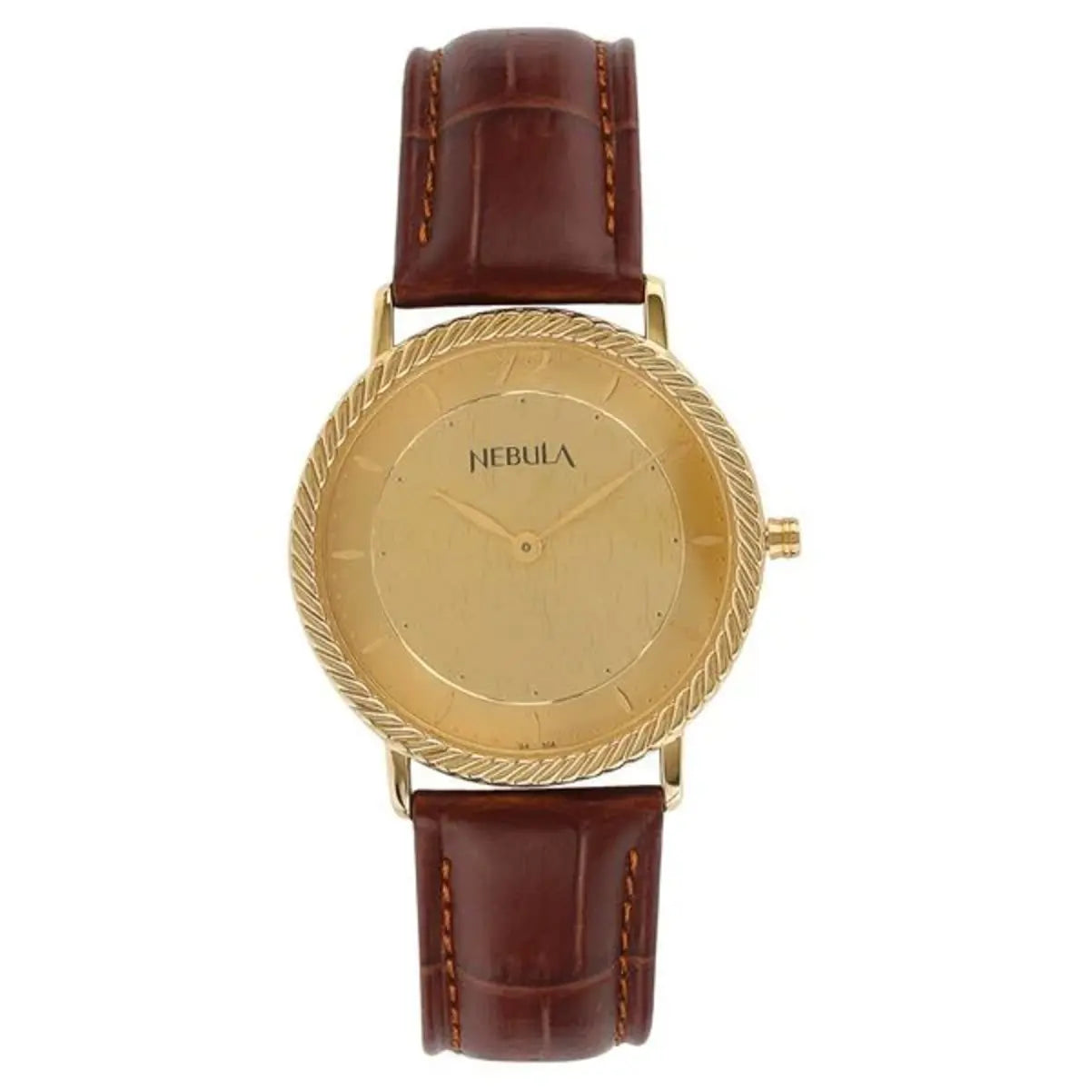 Gold watch with brown leather strap on a white background