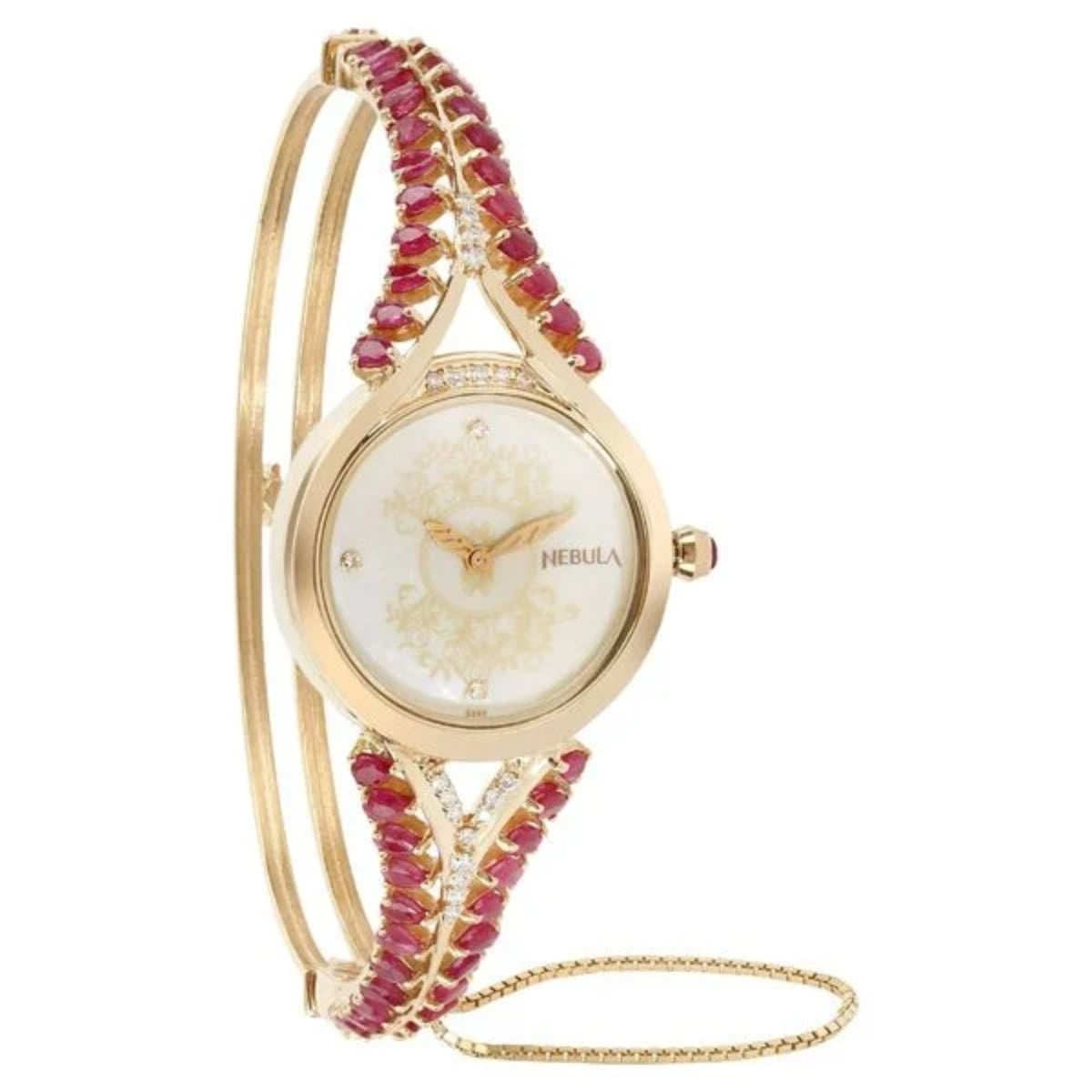 Gold watch with red gemstone bracelet on a white background
