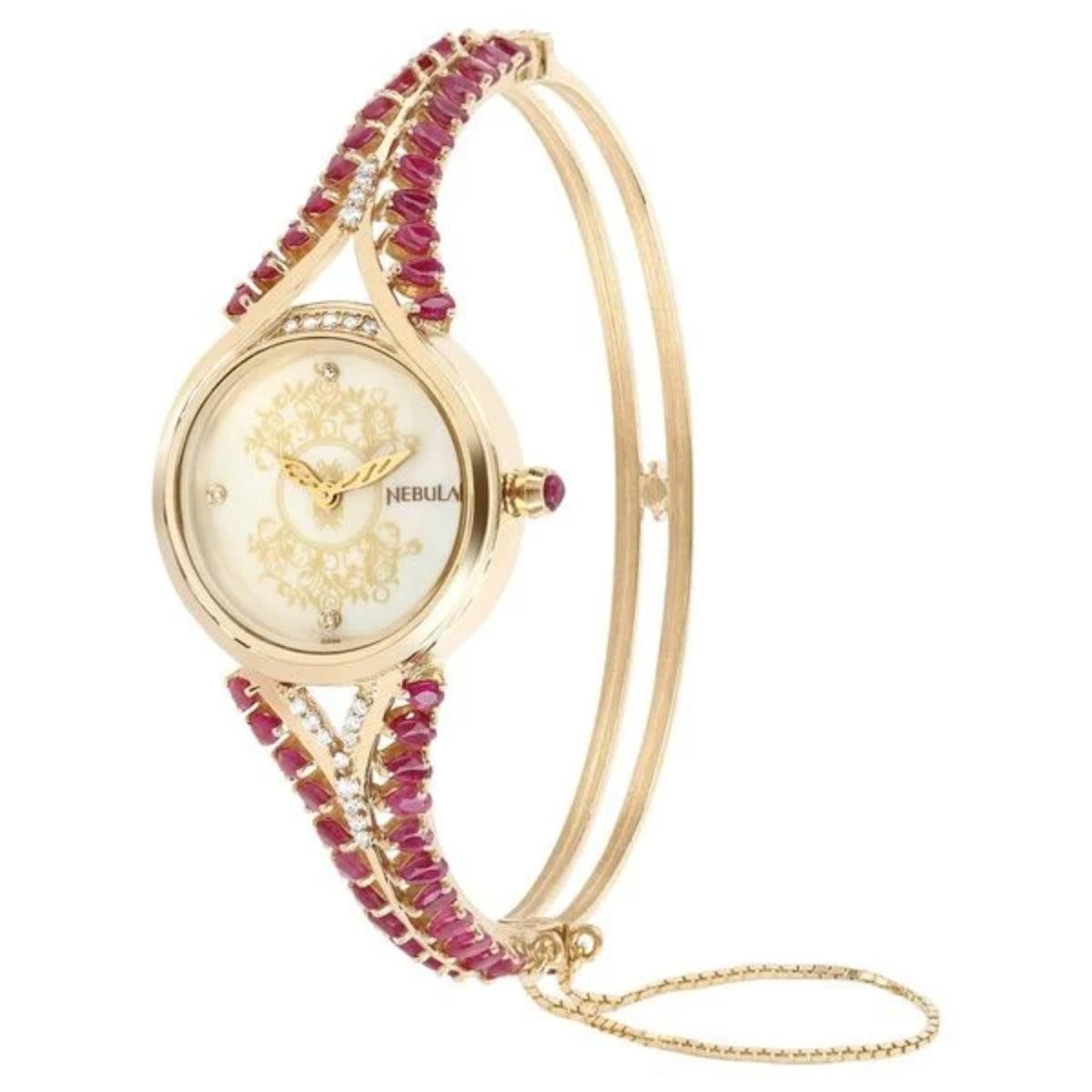 Gold watch with a pink beaded strap on a white background