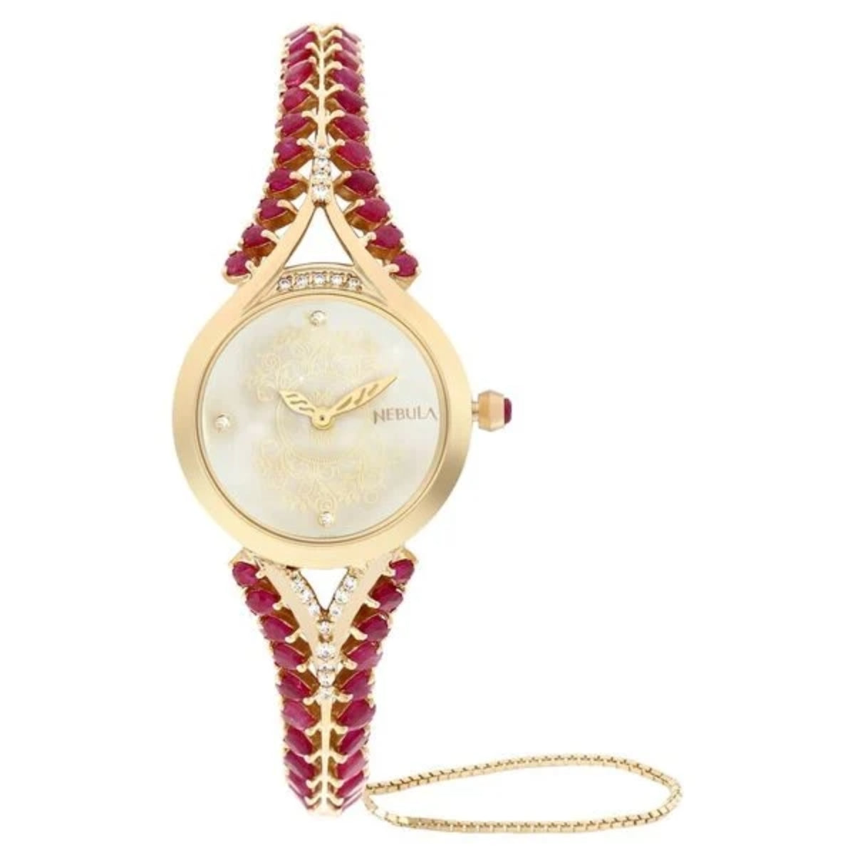Gold watch with a pink beaded strap on a white background
