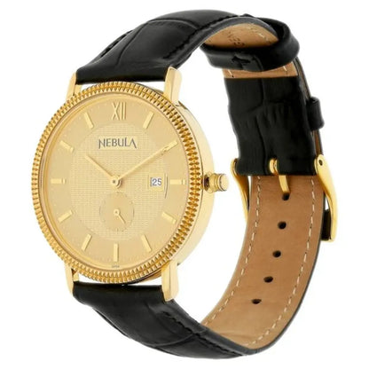 Gold watch with black leather strap on a white background