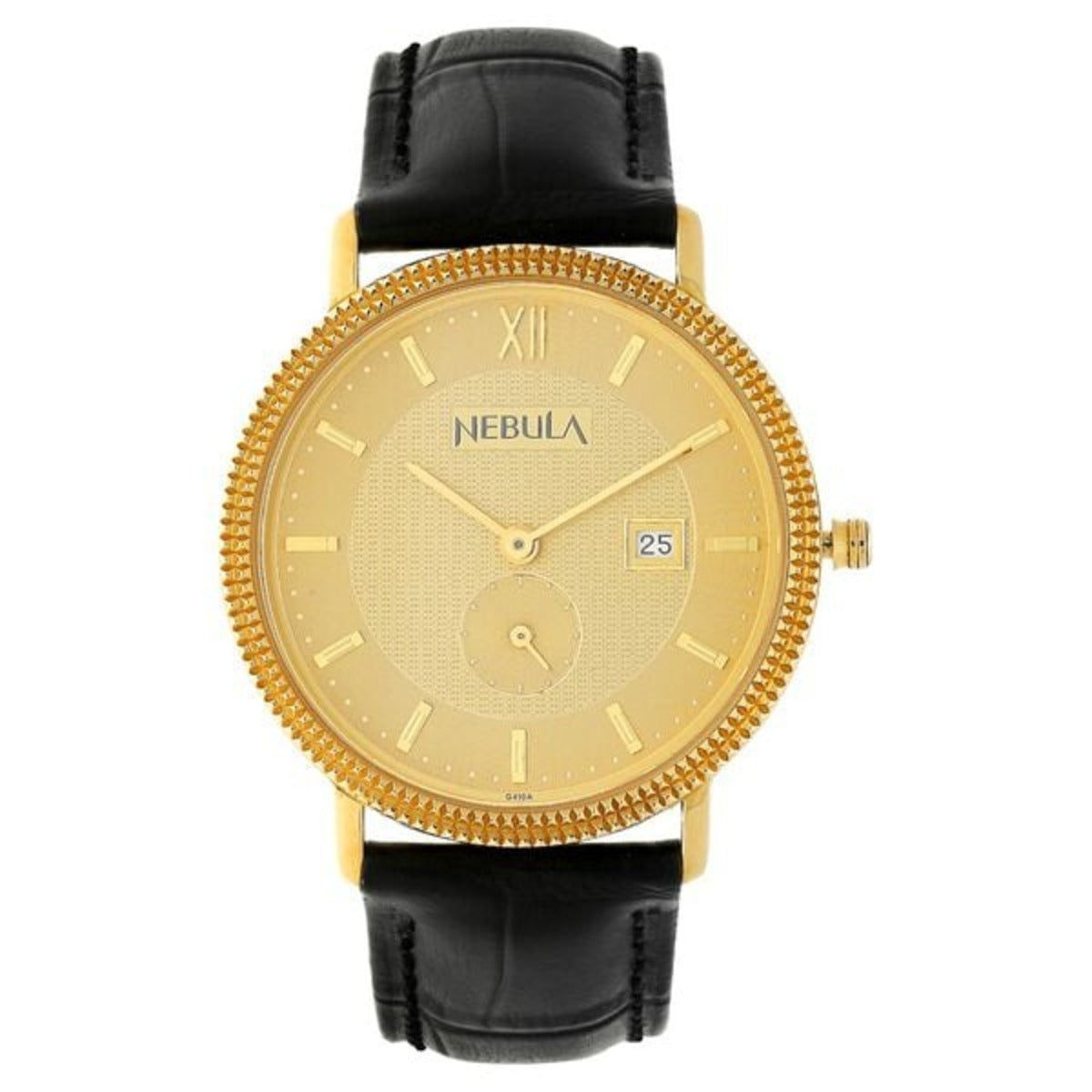 Gold watch with black leather strap on a white background