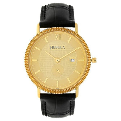 Gold watch with black leather strap on a white background