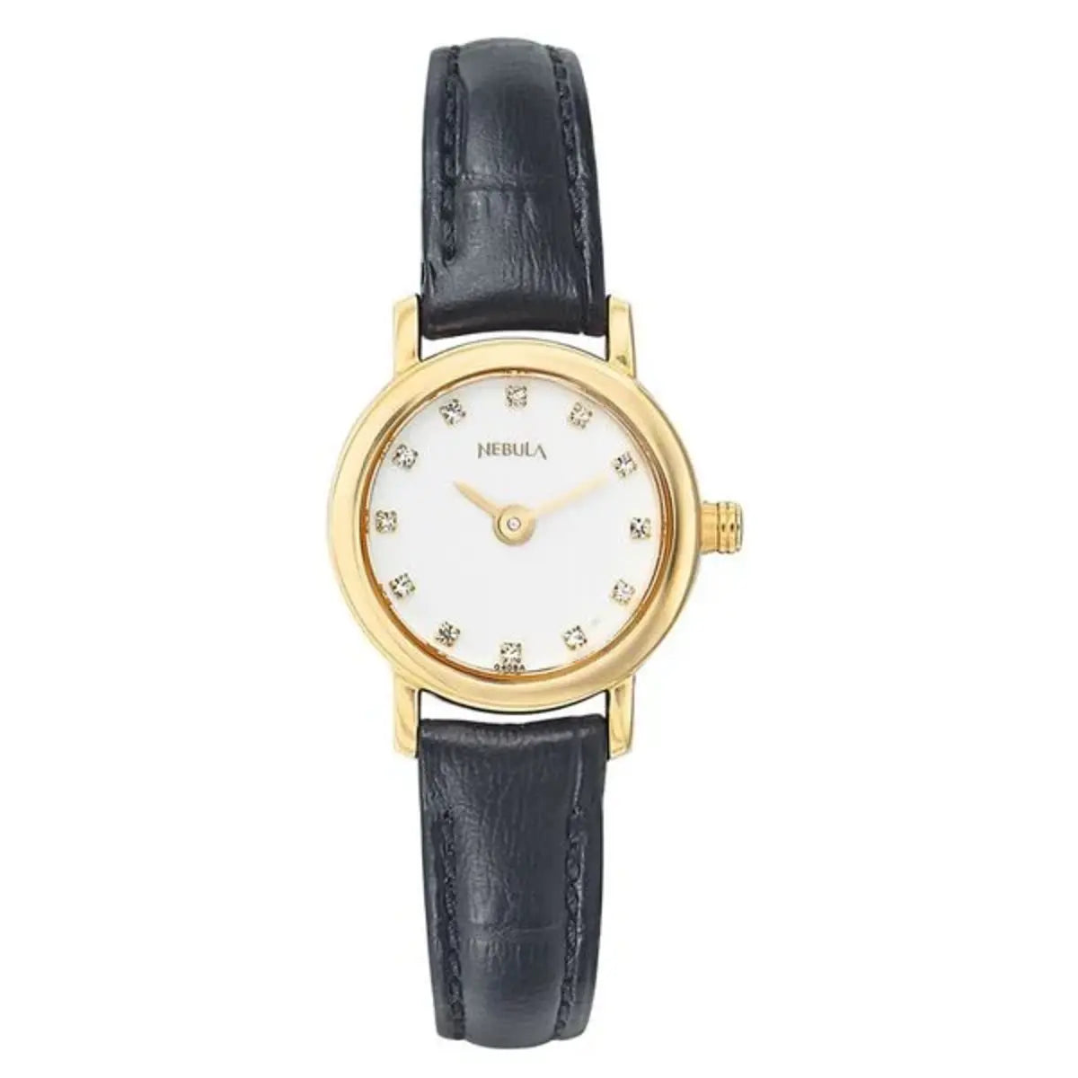 Gold watch with a black leather strap on a white background