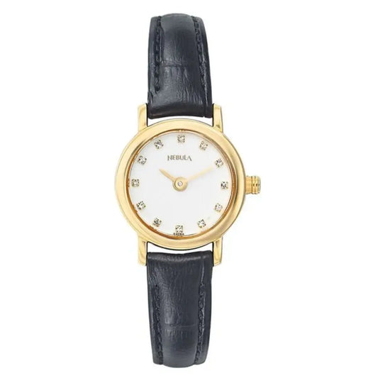 Gold watch with a black leather strap on a white background