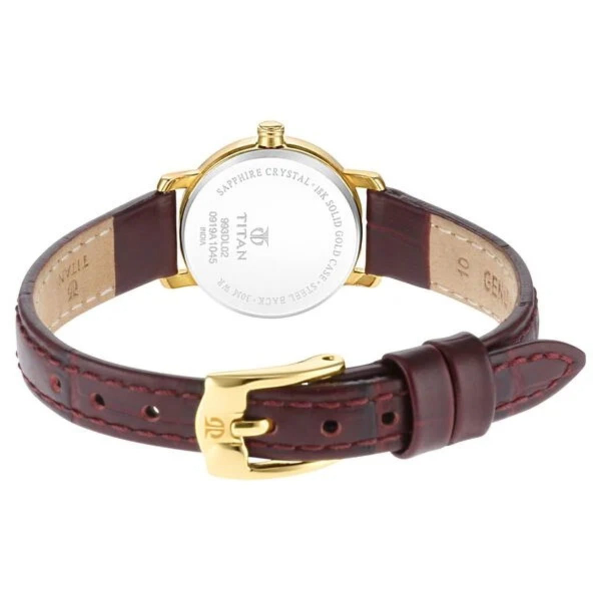 Titan watch with brown leather strap and gold buckle on a white background