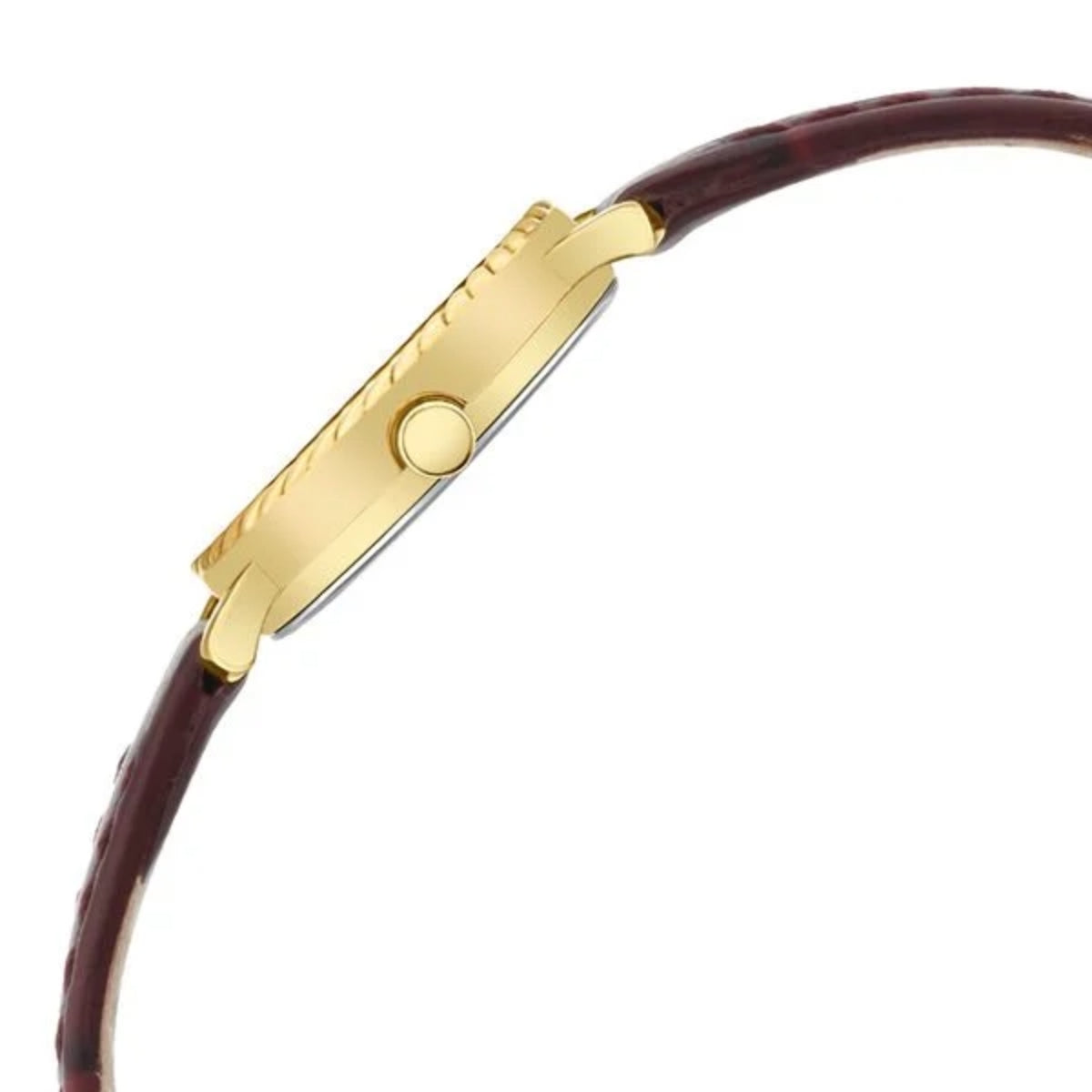 Gold watch case with a brown leather strap on a white background
