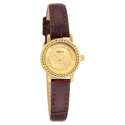 Gold watch with a brown leather strap on a white background