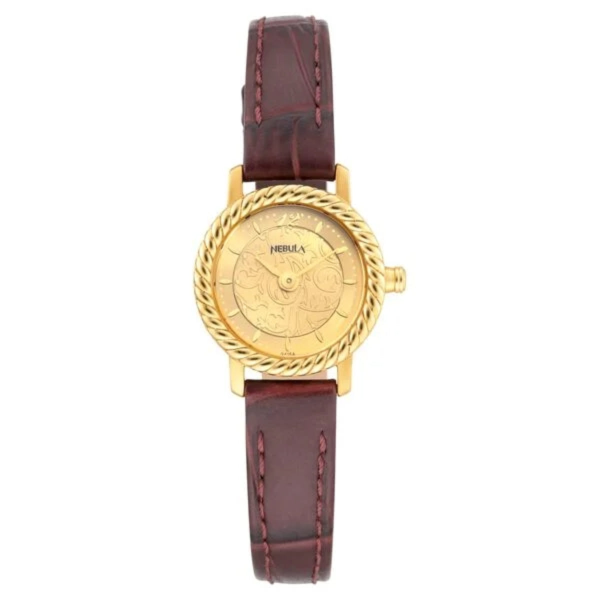 Gold watch with a brown leather strap on a white background