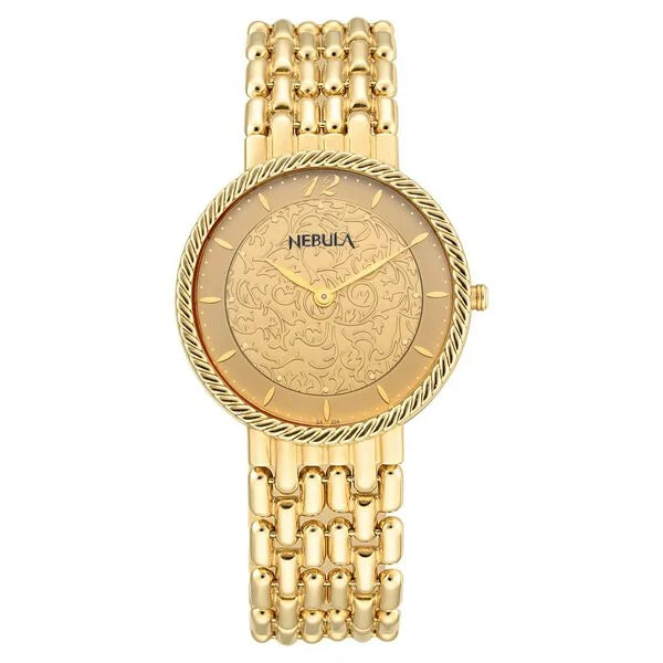A luxurious Titan Nebula analog men's watch with 18 karat solid gold, featuring a detailed dial and a golden bracelet.