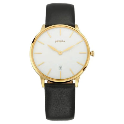 A Titan Nebula analog men's watch with a white dial, 18 karat gold case, and a black leather strap.