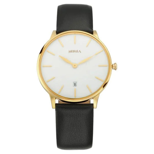 A Titan Nebula analog men's watch with a white dial, 18 karat gold case, and a black leather strap.