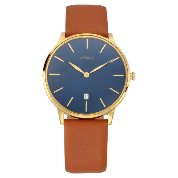 A luxurious Titan Nebula men's watch with a blue dial, 18 karat solid gold case, and a brown leather strap.