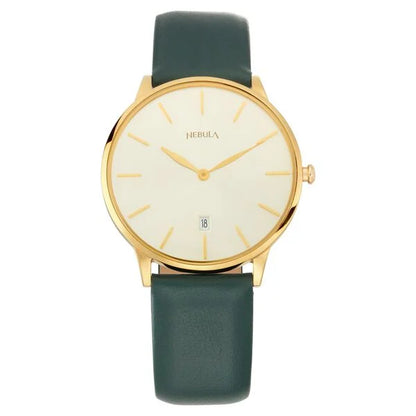 A luxurious 18 karat solid gold men's watch with a gold dial and a green leather band, displayed against a white background.