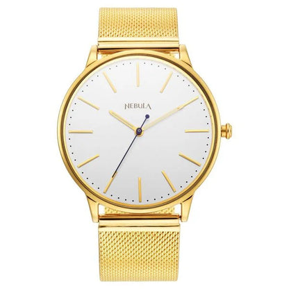 A luxurious men's watch with a white dial and gold-colored Milanese mesh bracelet, featuring gold detailing on the watch case and sapphire crystal.