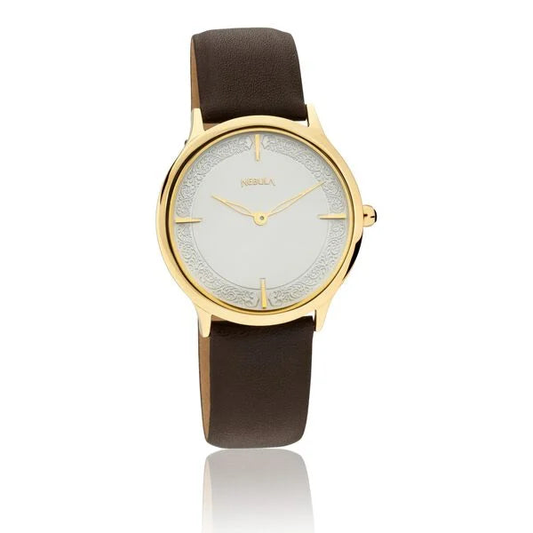 A luxurious Titan Nebula Deccan Treasures 18 Karat Men's Watch with a gold dial and a brown leather strap.