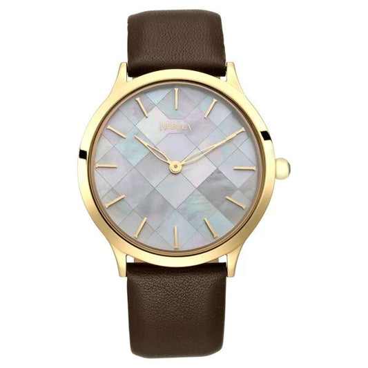 An 18 karat men's watch with a gold case and brown leather band, featuring a mother-of-pearl dial.