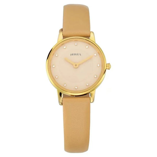 An 18 karat gold watch with a pink dial and a beige strap, designed for women.
