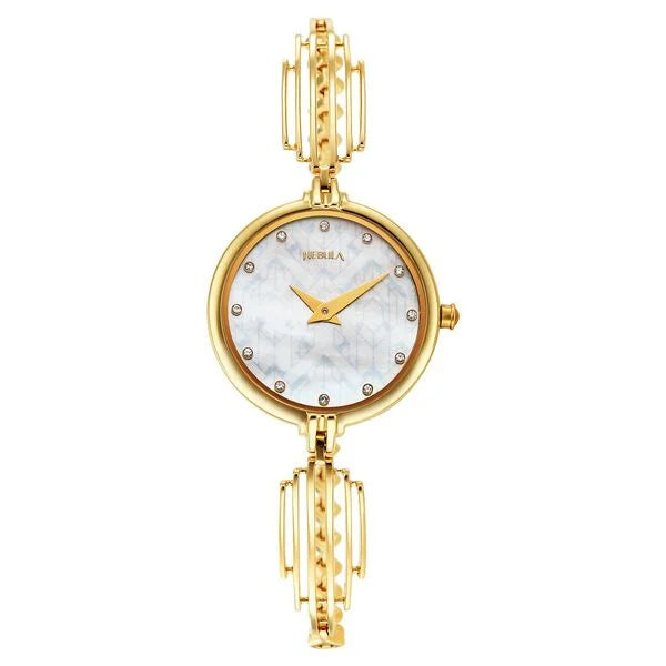 A Titan Nebula 18 Karat Solid Gold Women's Watch with a mother-of-pearl dial and gold bracelet.