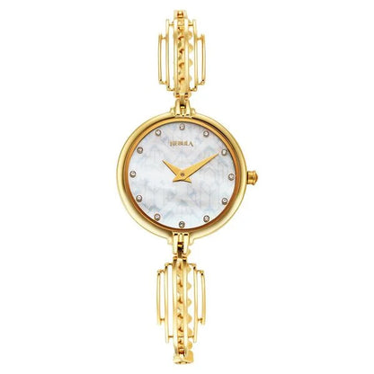 A Titan Nebula 18 Karat Solid Gold Women's Watch with a mother-of-pearl dial and gold bracelet.