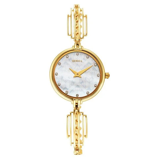 A Titan Nebula 18 Karat Solid Gold Women's Watch with a mother-of-pearl dial and gold bracelet.
