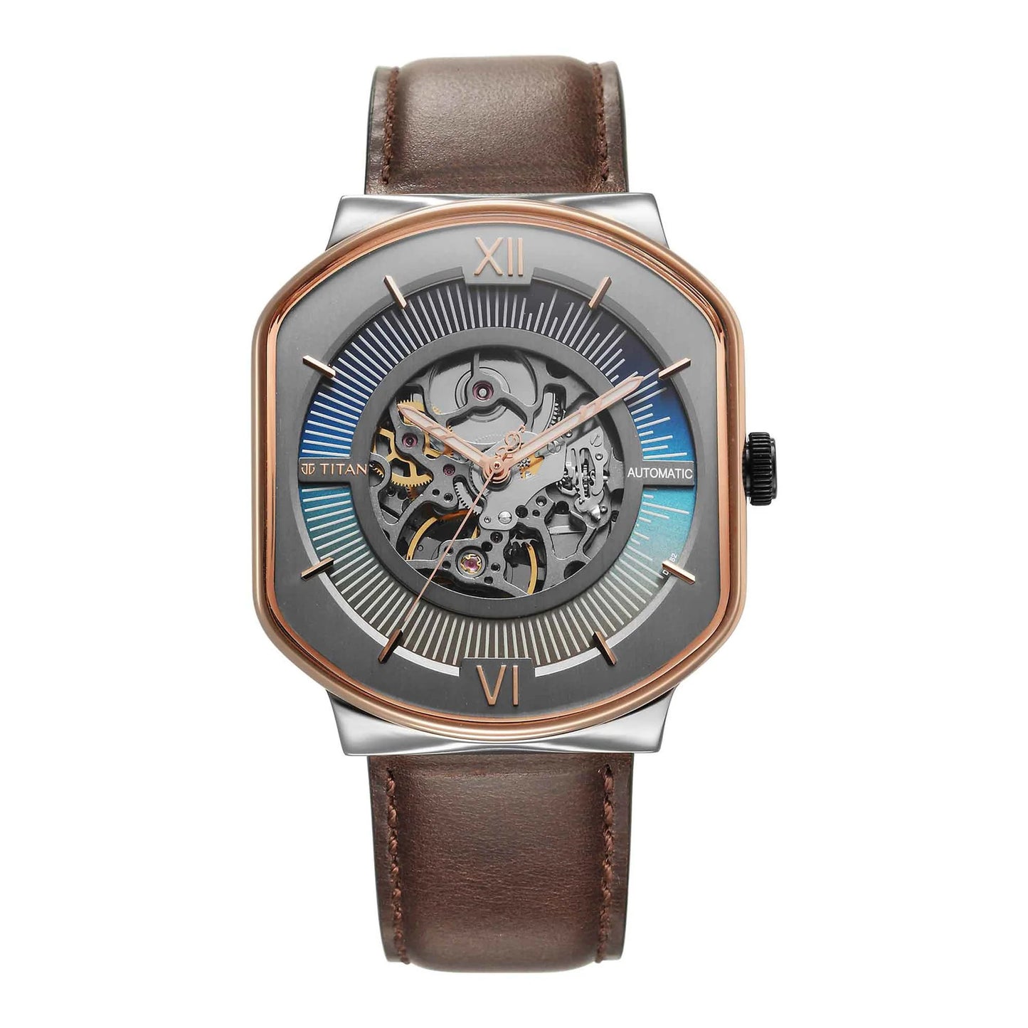 A Titan Techno Beats men's watch with an anthracite dial and a brown leather strap, featuring a skeleton watch face.