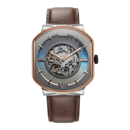A Titan Techno Beats men's watch with an anthracite dial and a brown leather strap, featuring a skeleton watch face.