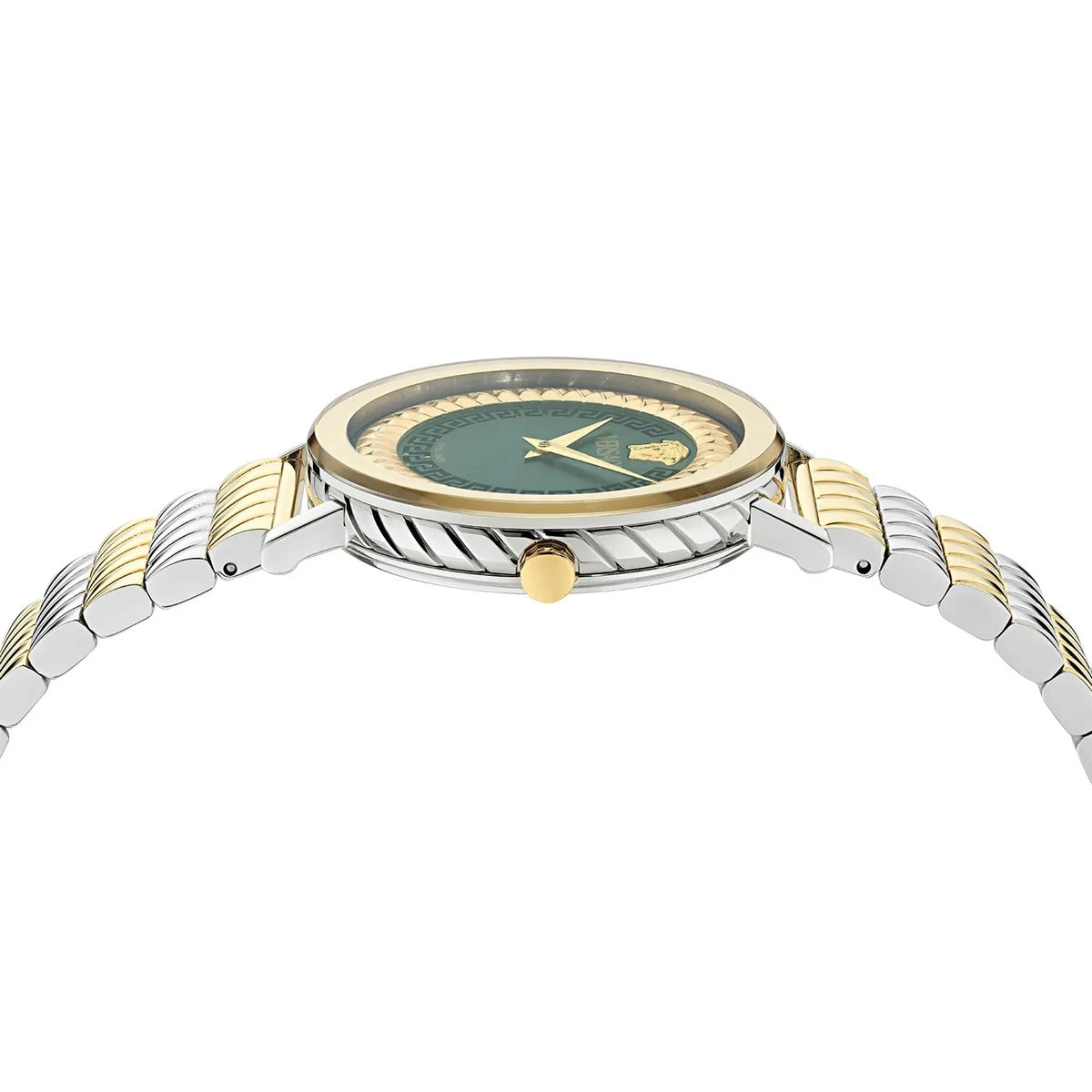 Two-tone watch with gold and silver band on a white background