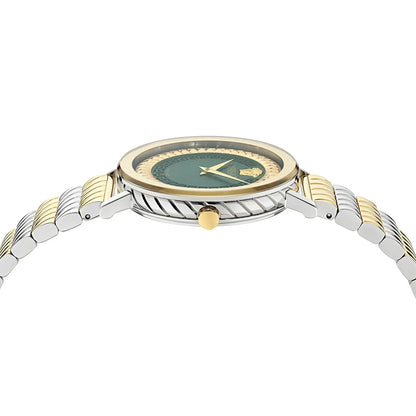 Two-tone watch with gold and silver band on a white background