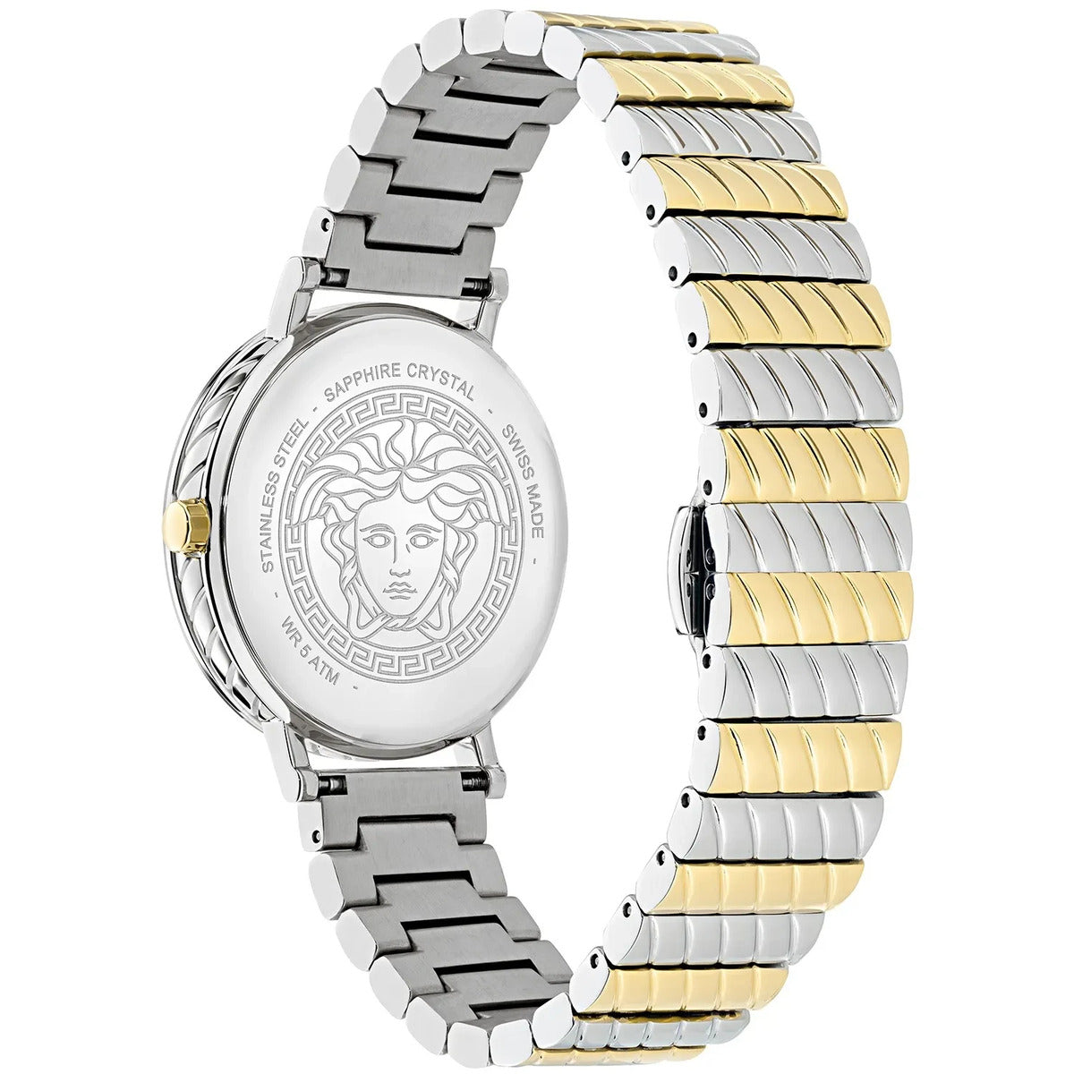 Versace watch with two-tone metal strap on a white background