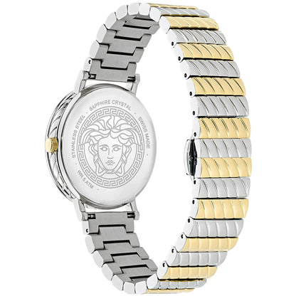 Versace watch with two-tone metal strap on a white background