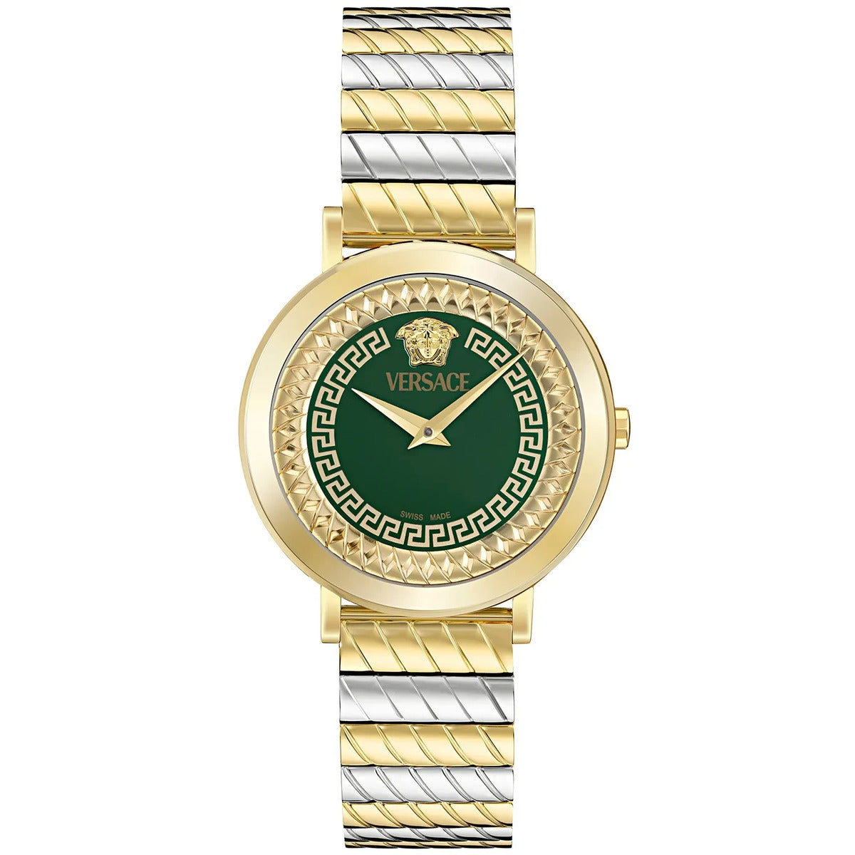 Versace watch with gold and silver band on a white background
