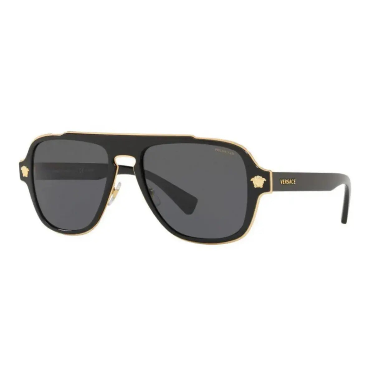 Versace sunglasses with black frames and dark lenses on a white background