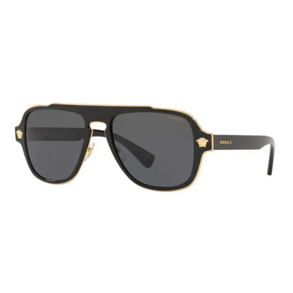Versace sunglasses with black frames and dark lenses on a white background