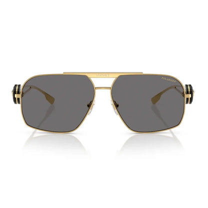 Gold-framed sunglasses with dark lenses on a white background