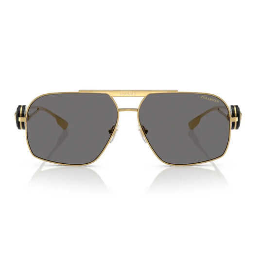 Gold-framed sunglasses with dark lenses on a white background