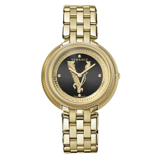 A VERSACE women's watch with a black round dial and a gold stainless steel strap.