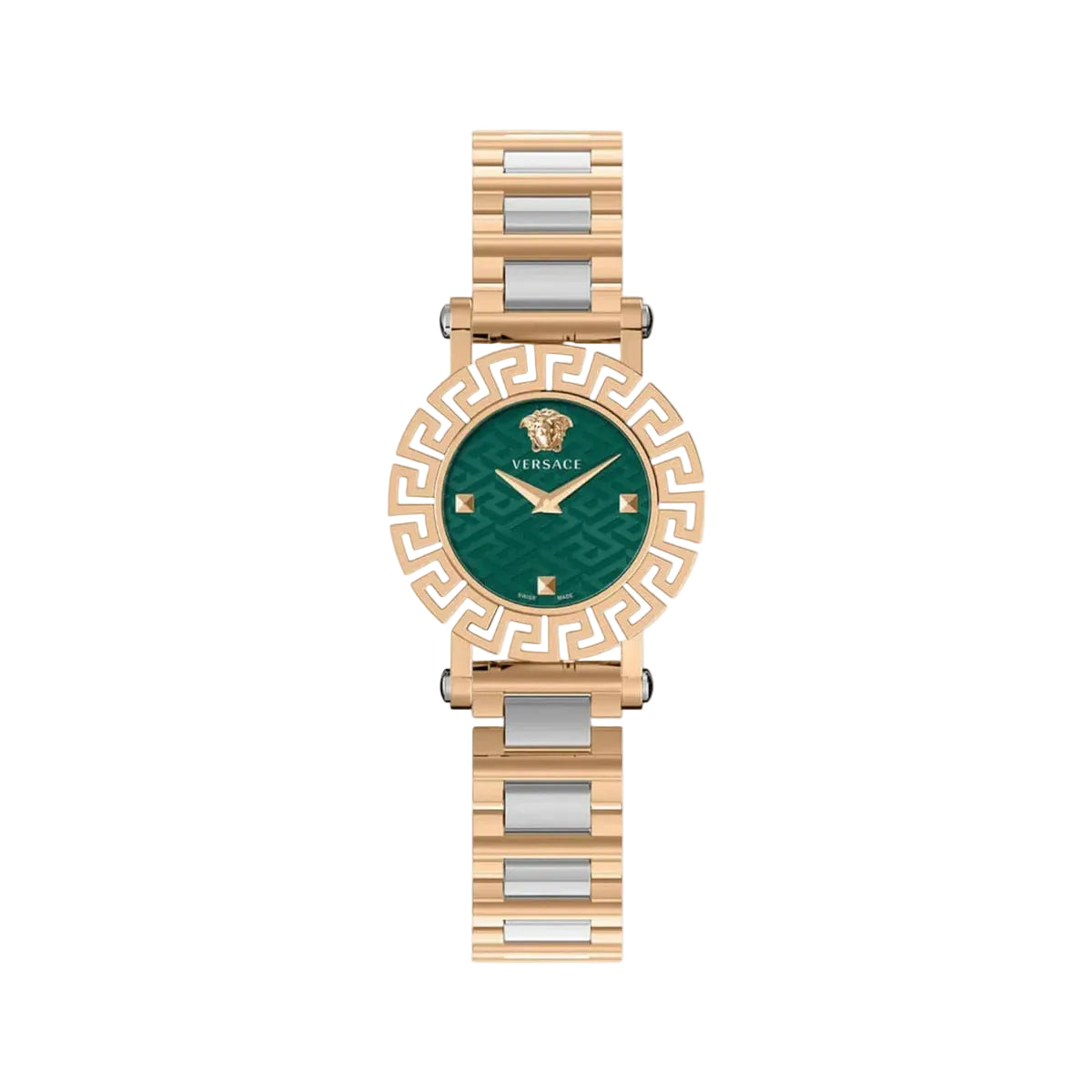 Versace watch with green face and rose gold and silver band on white background