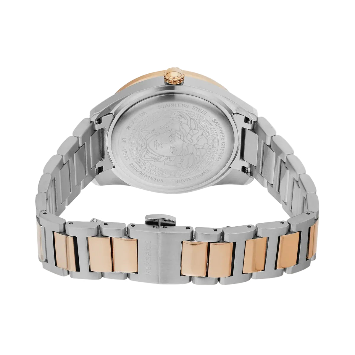 Two-tone watch with silver and rose gold band on a white background