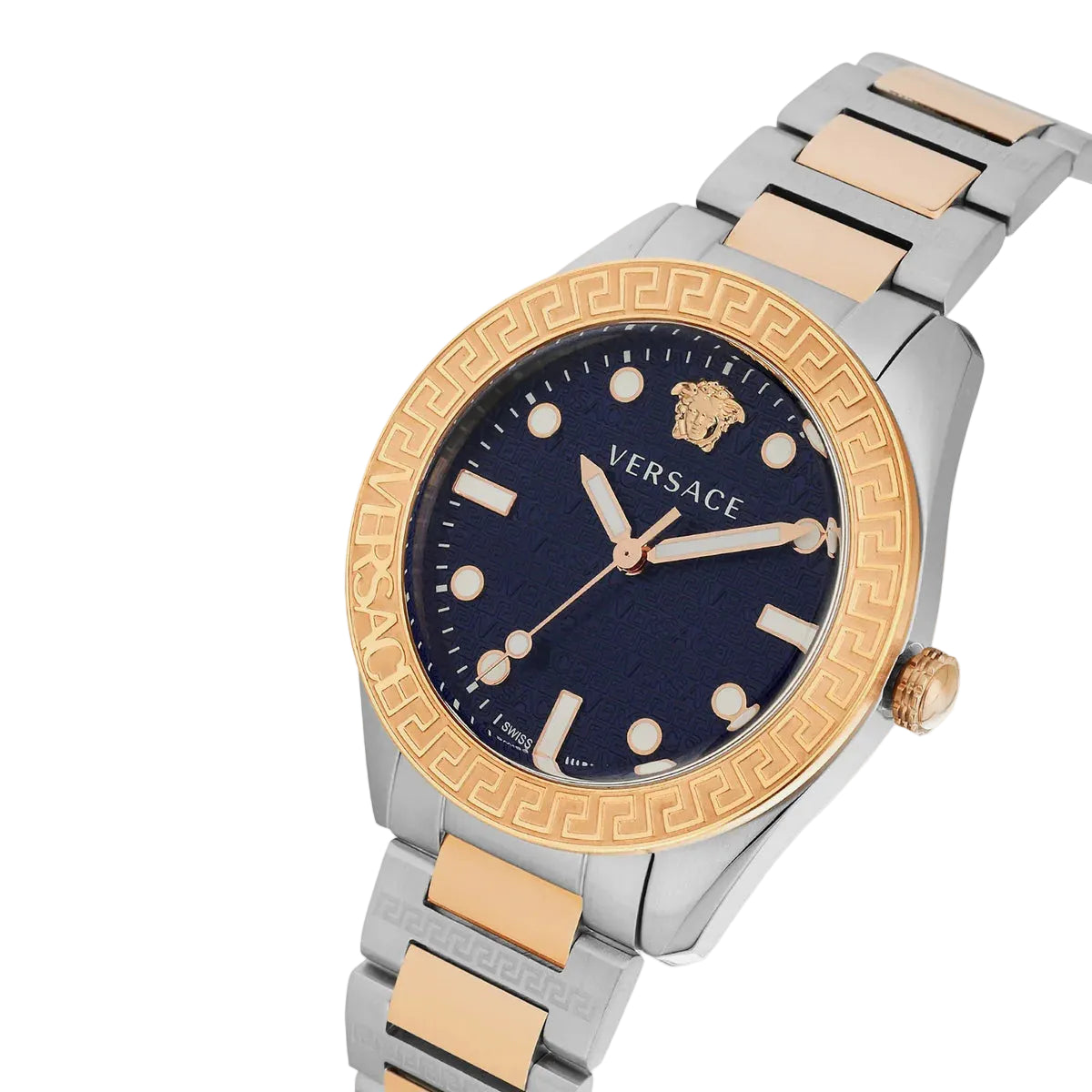 Versace watch with gold and silver band on a white background