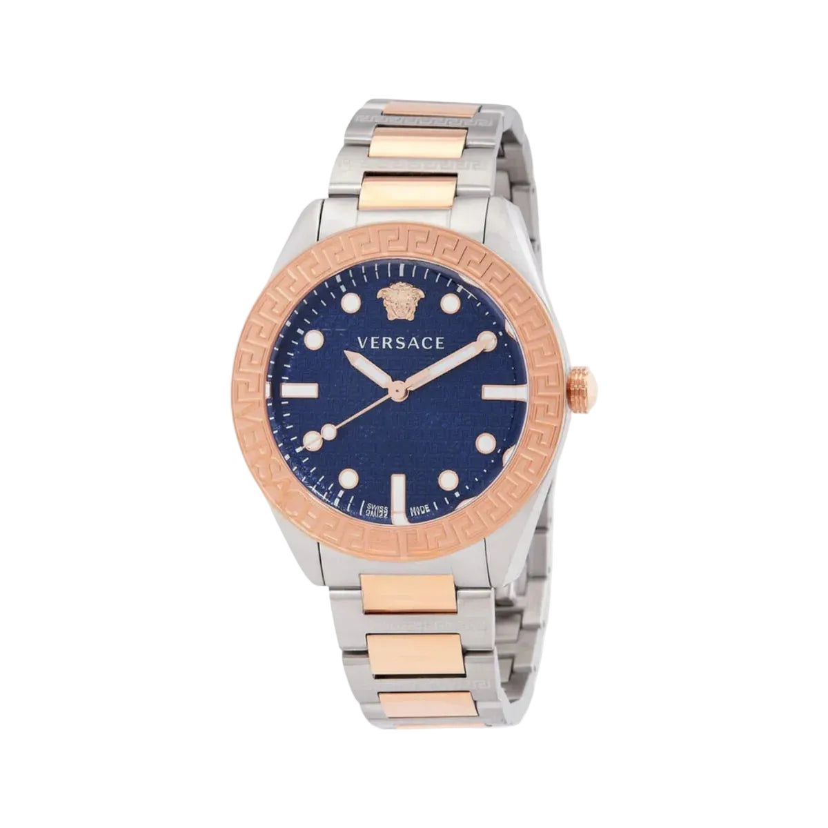 Versace watch with two-tone rose gold and silver bracelet on a white background