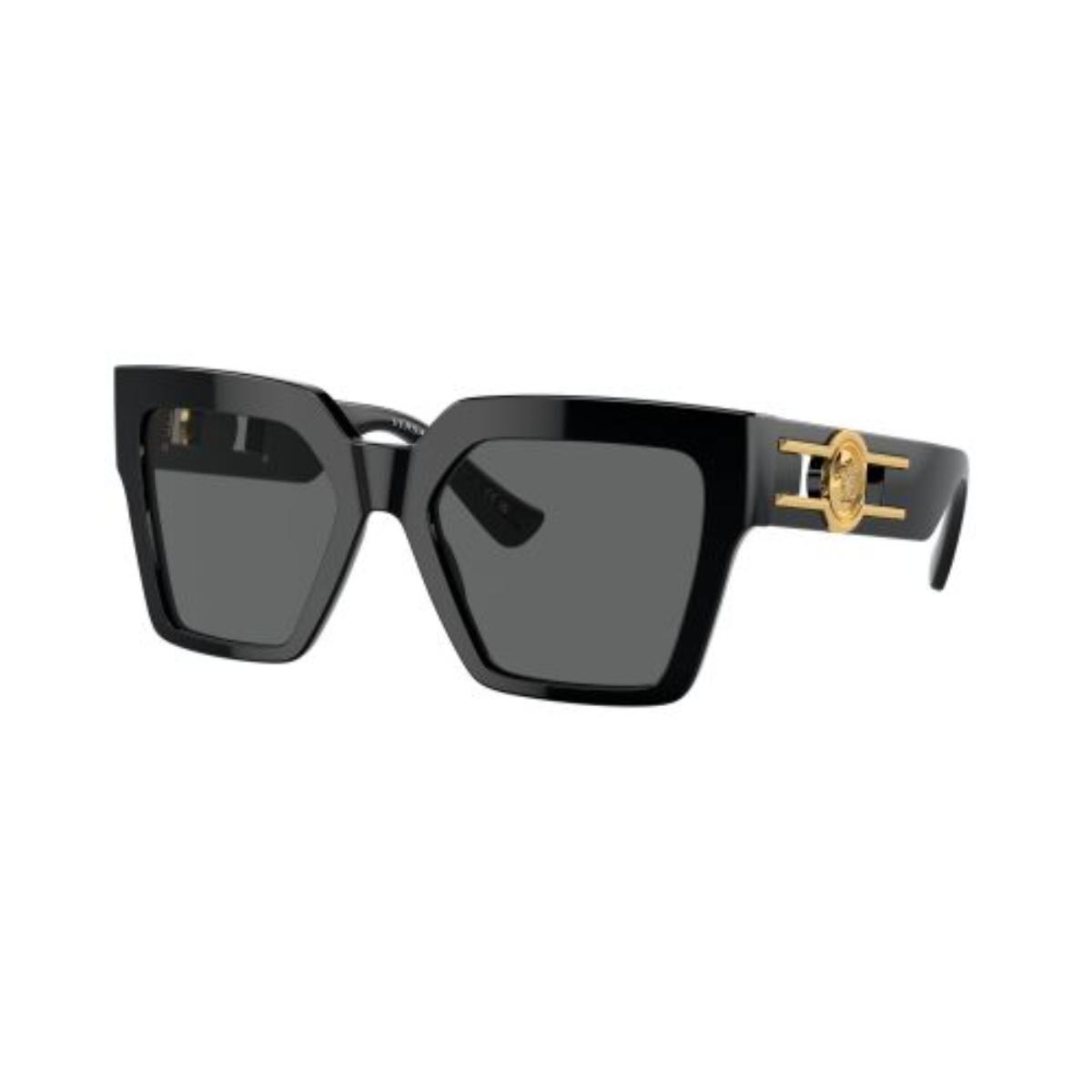 Black sunglasses with gold accents on a white background