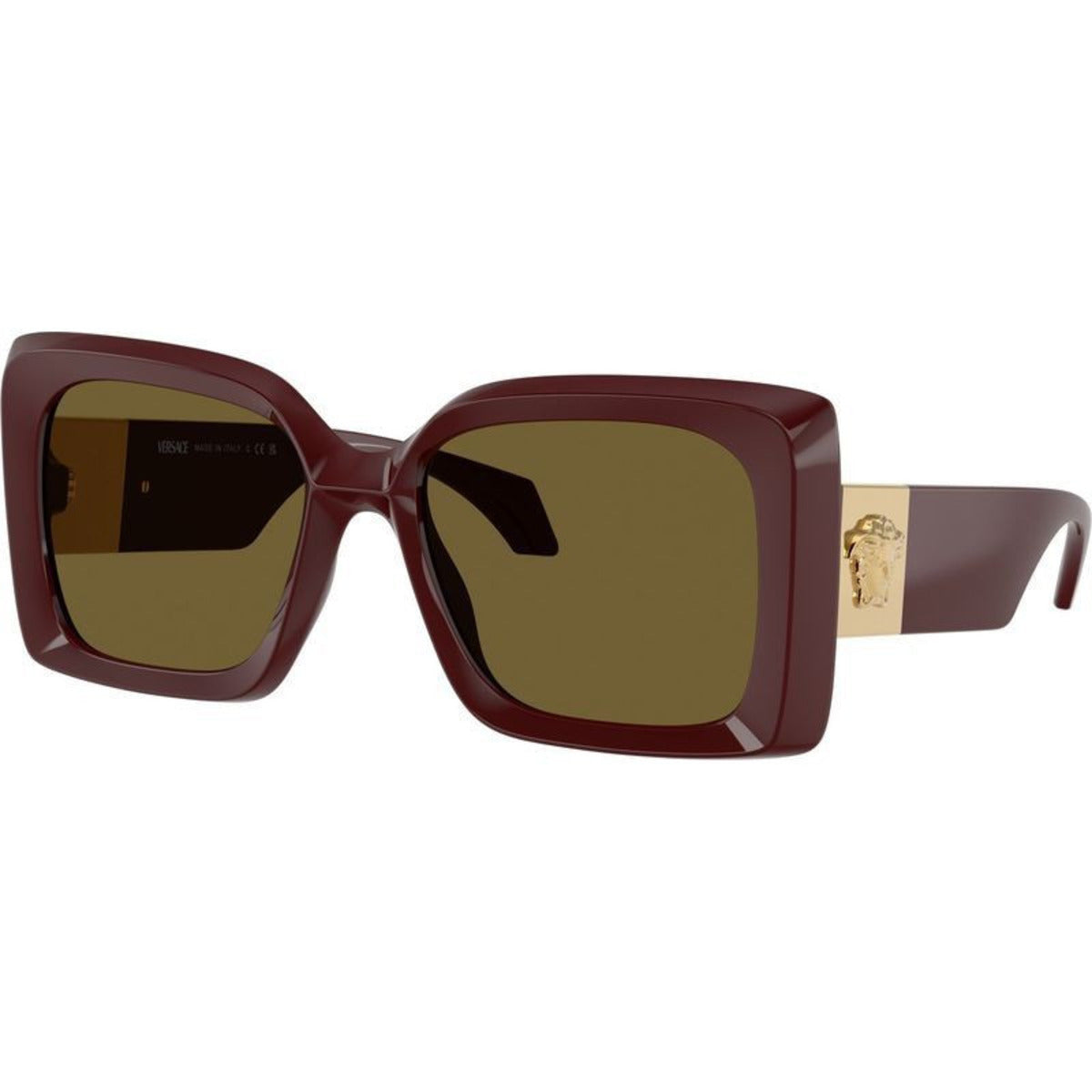 Sunglasses with a maroon frame and gold logo on a white background