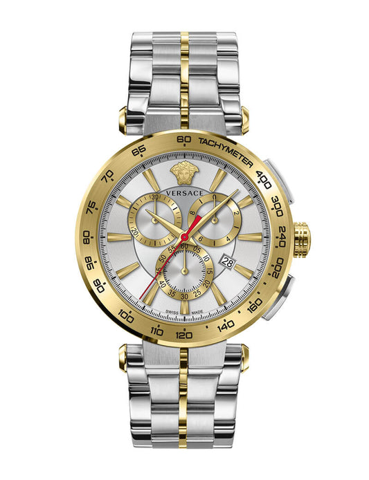 A Versace Aion watch for men with a silver and gold stainless steel band and a gold dial featuring the Medusa emblem.