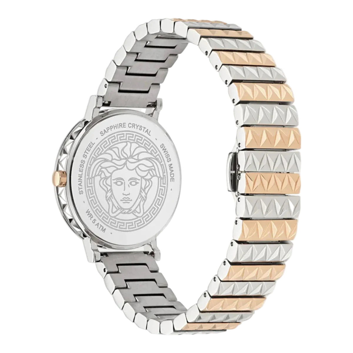 Versace watch with two-tone metal band on a white background